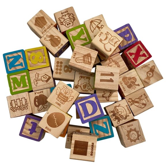 Wooden Block Lot of 37 Alphabet Letters Numbers Pictures Educational Homeschool - Picture 1 of 4